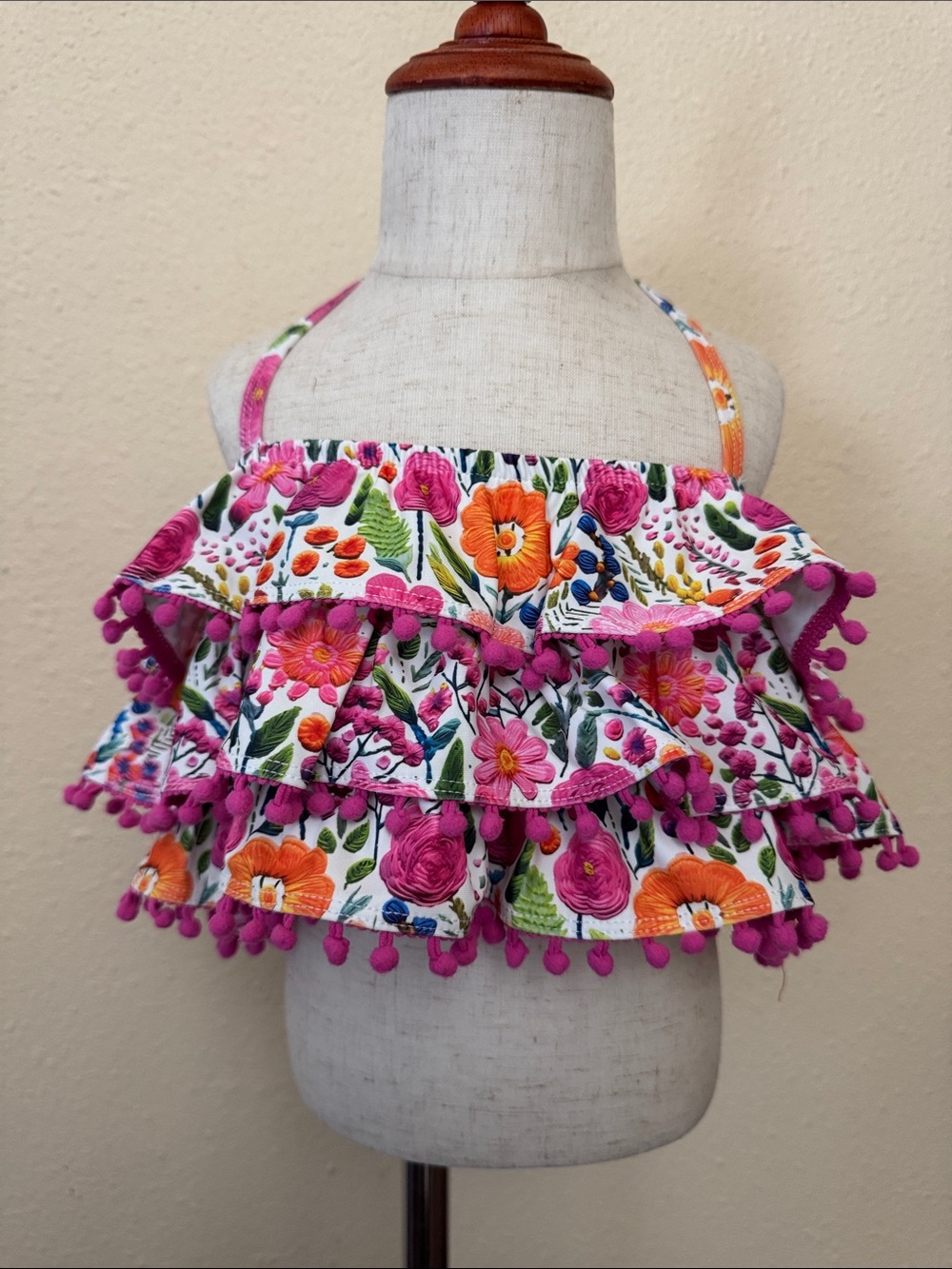 Cheeky Plum Clothing Swim Floral Ruffle Bikini Top with Pink Pom-Pom Trim Size 8